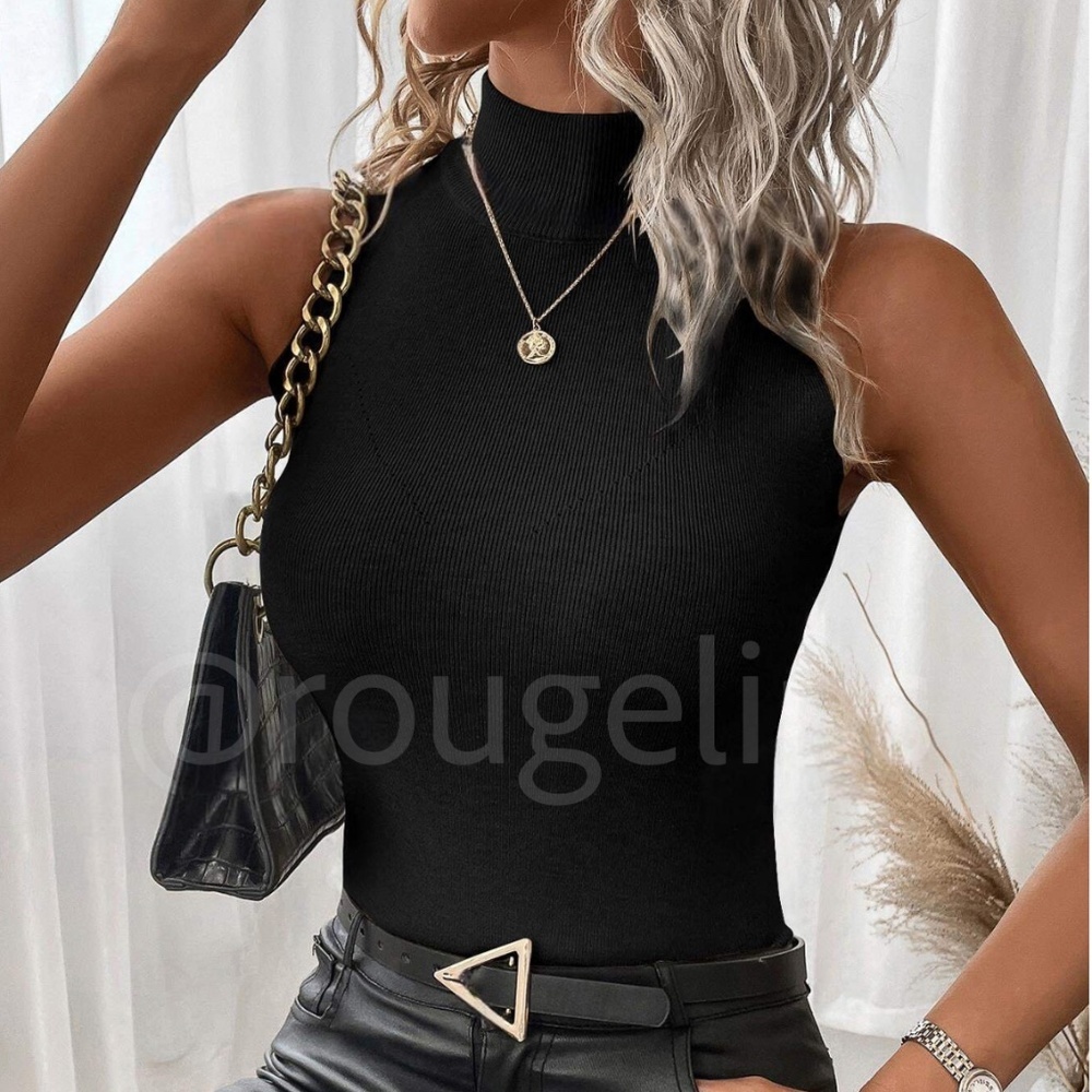 Black Knit Sleeveless High Neck Top Stretchy